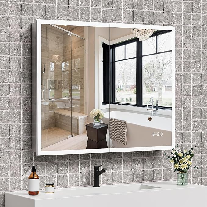 40" x 32" LED Medicine Cabinet with Mirror and Lights, Recessed or Surface Bathroom Mirror Cabinet with 3-Color Lights, Stepless Dimming, Lighted Medicine Cabinet with Defogger, 2 Outlets & USB Ports