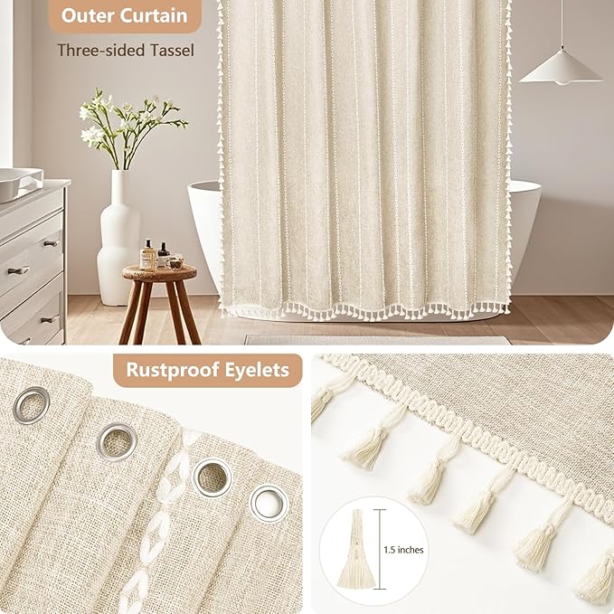 Boho Farmhouse Shower Curtain and Fabric Liner Set, Heavyweight Linen Textured Fabric Shower Curtain Beige with Tassels, 2 in 1 Waterproof Fabric Shower Curtain Set for Bathroom, 72x72 Inch