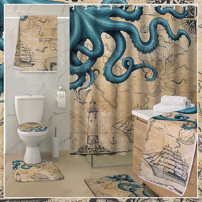 Nuanchu 6 Pcs Vintage Nautical Octopus Shower Curtain Set with Rug Retro Coastal Bathroom Set with Shower Curtain Bath Mat U Shaped Mat Toilet Lid Cover 2 Bath Towels and 12 Hooks Ocean Bathroom Decor