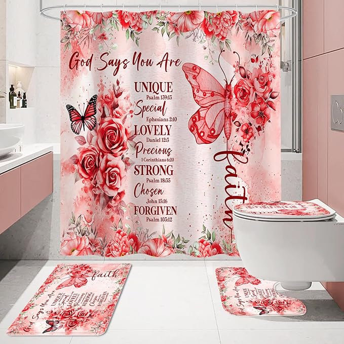 Litabel 4 Pcs Red Butterfly Inspirational Quotes Shower Curtain Set with Rugs and Toilet Lid Cover, Colorful Boho Waterproof Fabric Bathroom Set, Bible Verse Floral Bathroom Decor Set Accessories