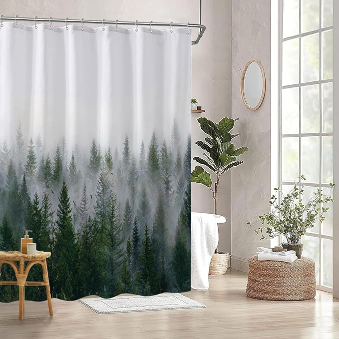 Accnicc Misty Forest Shower Curtain Dark Green Nature Shower Curtains for Bathroom Pine Tree Foggy Woodland Birds Waterproof Fabric Decorative Bath Curtain 72×72 Inch