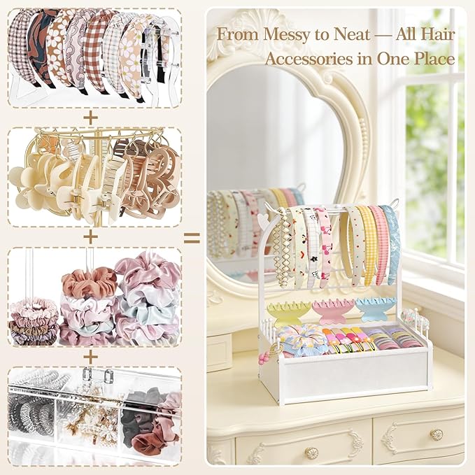 Hair Accessories Organizer for Girls, Headband Holder Stand with Storage Base, Deer Antler Display for Headbands, Scrunchies, Bows & Clips, Cute Vanity Organizer, White
