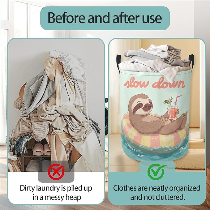 Sloth Round Laundry Hamper Storage Basket Toys Clothes Organizer Bin For Home Bathroom Bedroom Dorm Nursery