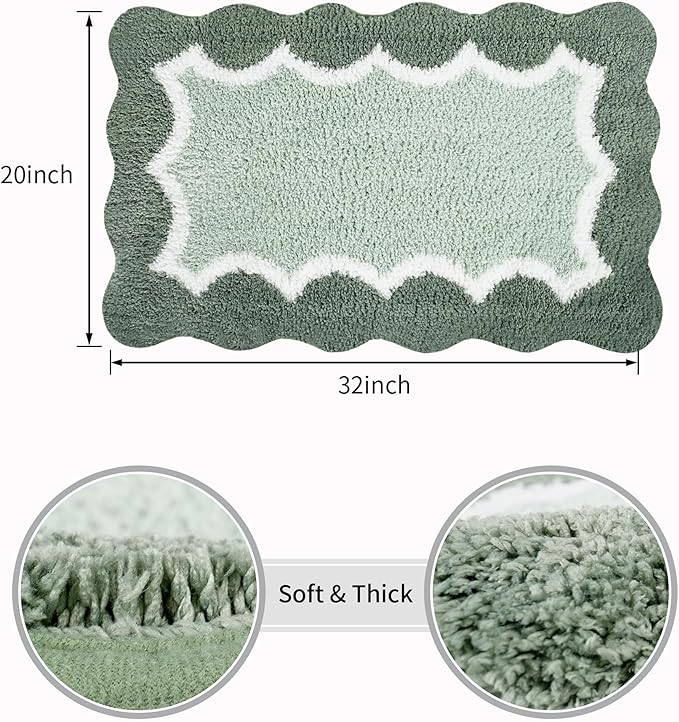 Scalloped Green Bathroom Rugs Mat,Non Slip Absorbent Quick Dry Bath Mats for Shower Room,Plush Microfiber Bath Mats for Bathroom Floor Washable Carpet for Shower Tub Sink Bedroom,20"x32"