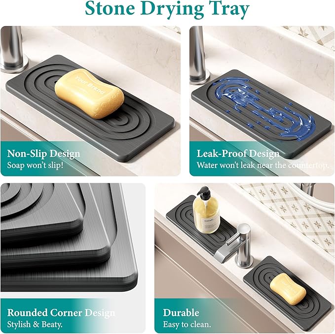 Water Absorbing Stone Tray, Quick Drying Diatomite Bathroom Tray Countertop, Stone Drying Mat for Kitchen Counter, Soap Dish Dispenser Vanity Organizer, Dark Grey-A-8.3" x 4"