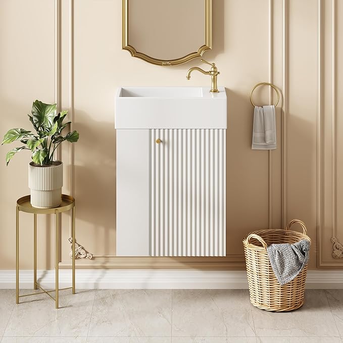 Virubi 18.5" Floating Bathroom Vanity with Sink, Soft Closing Doors, Wood Modern Single Small Bathroom Vanity Cabinet with Open Shelf, Wall Mounted (White, Left Shelves)