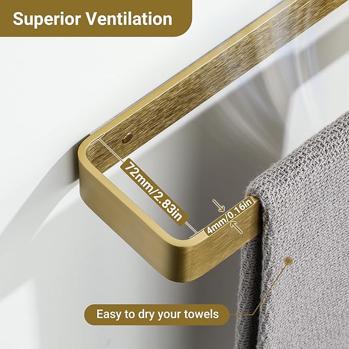 SAYAYO Brushed Gold Hand Towel Holder for Bathroom Wall, 10 Inch Self Adhesive Towel Bar Hand Towel Rack Square Heavy Duty
