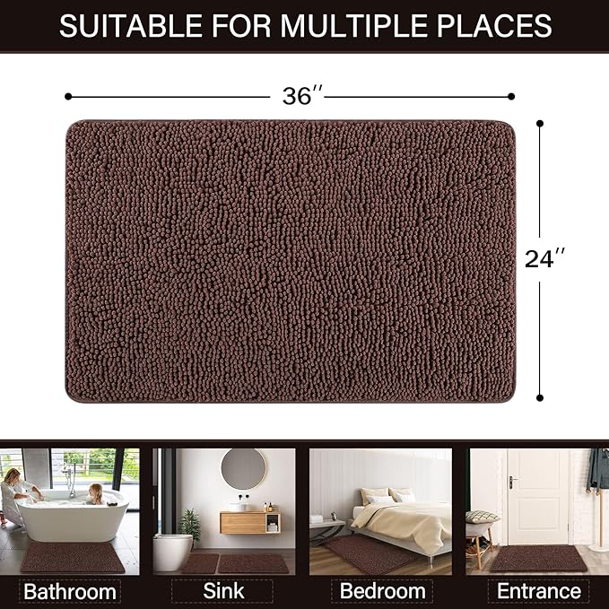 LOCHAS Luxury Bathroom Rug Shaggy Bath Mat 24 x 36 Inch, Washable Non Slip Bath Rugs for Bathroom Shower, Soft Plush Chenille Absorbent Carpets Mats, Brown