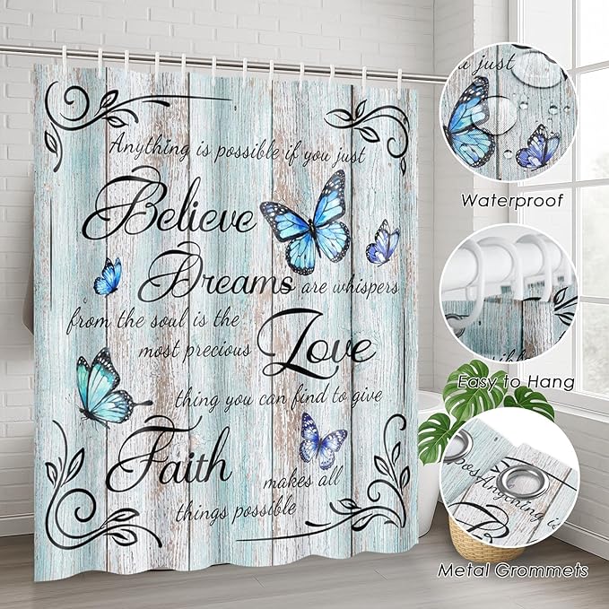 Britimes 4 Piece Shower Curtain Sets with 12 Hooks, Blue Butterfly Inspirational Quotes Farmhouse with Non-Slip Rugs, Toilet Lid Cover and Bath Mat for Bathroom Decor Set 72" x 72"