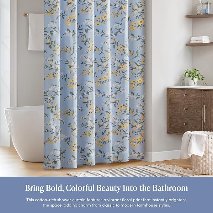 Martha Stewart Meadow Floral Shower Curtain, Cotton-Rich Slub Texture, Timeless Garden Design, Classic to Modern Farmhouse Bathroom Decor, Machine Washable 72"x84", Blue