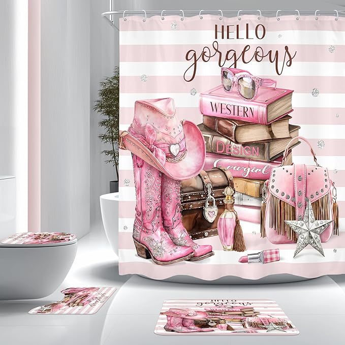 Cinbloo 4Pcs White Pink Shower Curtain Set, Western Cowgirl Fashion Diamond Boots Striped Hats Bathroom Curtain with Rug, Toilet Lid Cover, Bath Mat, Women Girls Books Shower Curtain with 12 Hooks