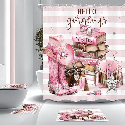 Cinbloo 4Pcs White Pink Shower Curtain Set, Western Cowgirl Fashion Diamond Boots Striped Hats Bathroom Curtain with Rug, Toilet Lid Cover, Bath Mat, Women Girls Books Shower Curtain with 12 Hooks