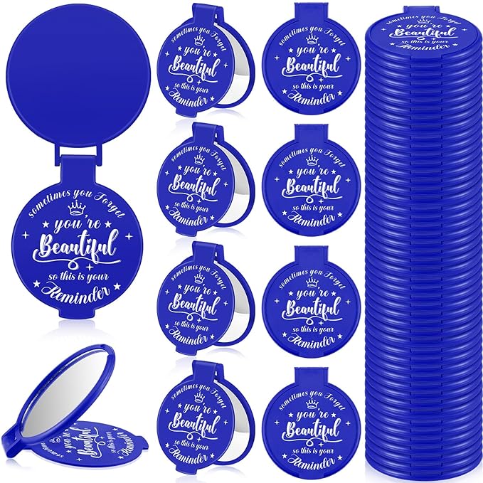 36 Pcs 2.76 Inch Inspirational Compact Mirror Bulk Women Small Gifts Graduation Party Favors Purse Mirror Pocket Mini Stuffer Items for Adult Coworker Cheerleader Employee (Blue)