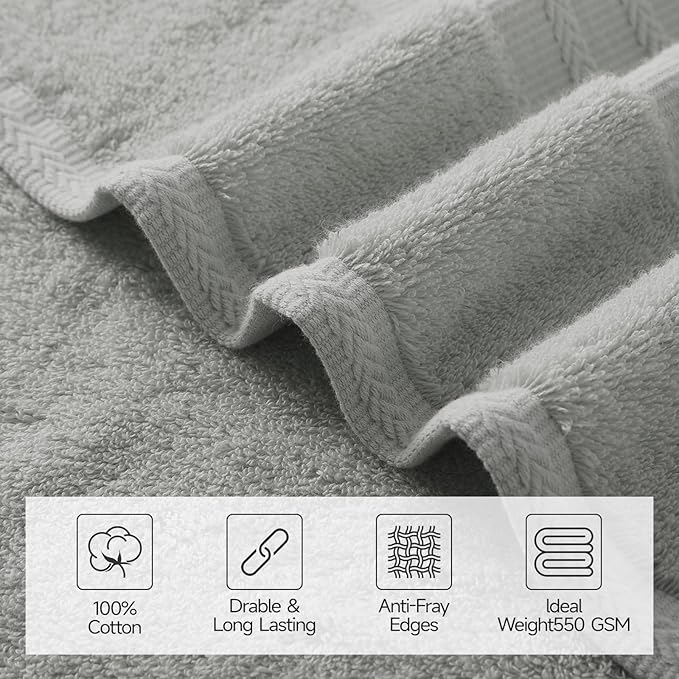 REDKISS 8 Piece Grey Towels Set - 100% Cotton Towels Set with 2 Large Bath Towels, 2 Hand, 4 Washcloths, 600 GSM Highly Absorbent Bath Towel Sets, Gray Quick Dry Shower Towel for Family Gym