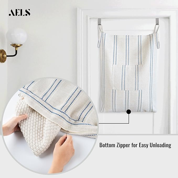 AELS Farmhouse Hanging Laundry Hamper with 2 Hooks, Boho Beige & Blue Stripes Laundry Bag with Zipper & Wide Open Top, Over the Door Organizer for Dirty Clothes, Washable Space Saving Storage