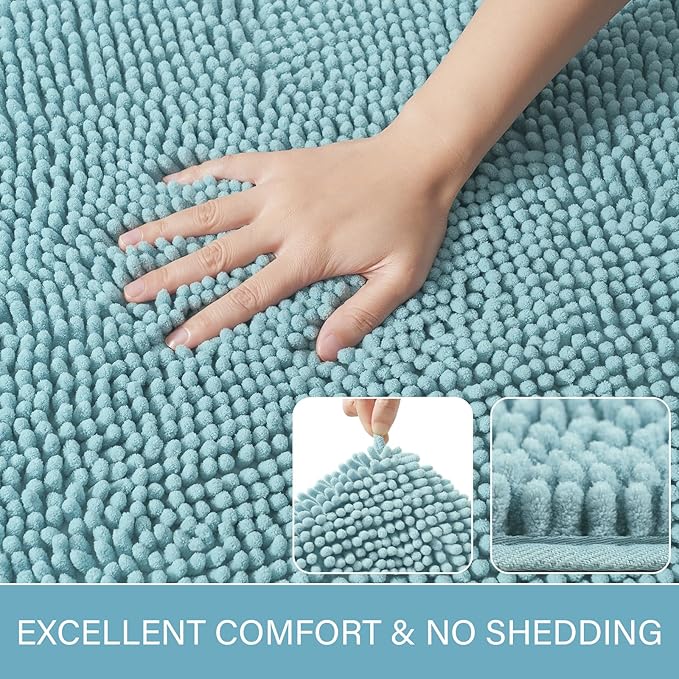 LOCHAS Luxury Bathroom Rug Shaggy Bath Mat 24 x 70 Inch, Washable Non Slip Bath Rugs for Bathroom Shower, Soft Plush Chenille Absorbent Carpets Mats, Spa Blue