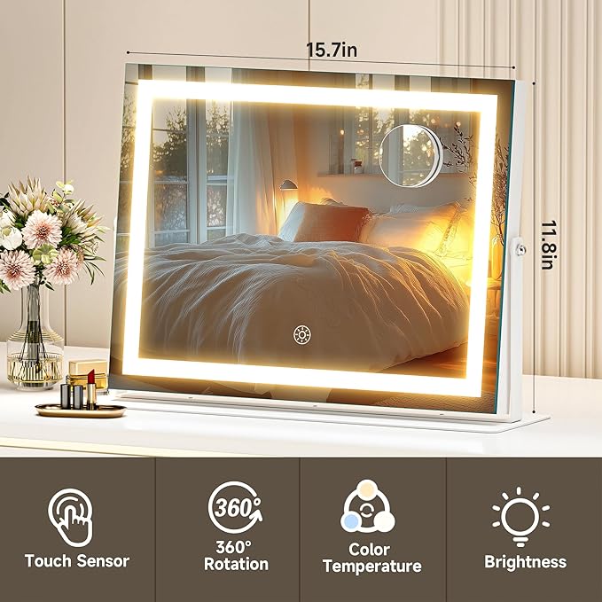 Hasipu Vanity Mirror with Lights, 15.7" x 11.8" LED Makeup Mirror, 3 Color Modes Touch Control and Brightness Adjustment Lighting Mirror, 10X Magnifying Glass, 360° Rotation