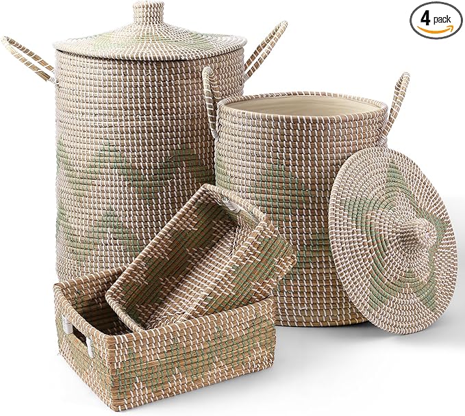 Set of 4 Laundry Hamper with Lid and Handles, Foldable, Removable Liner, 2 Pack Large Handwoven Seagrass Clothes Blanket Baskets 53L 34.5L, and 2 Pack Woven Storage Basket 5L 3.2L, Military Green