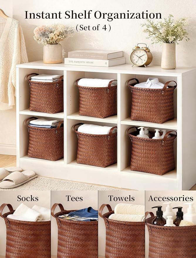 Hand Woven Baskets for Storage, 4Pcs Water-Resistant Wicker Baskets, Brown Wicker Storage Baskets for Shelves, Large Basket with Handle for Organizing, Closet, Laundry, Blanket - Round
