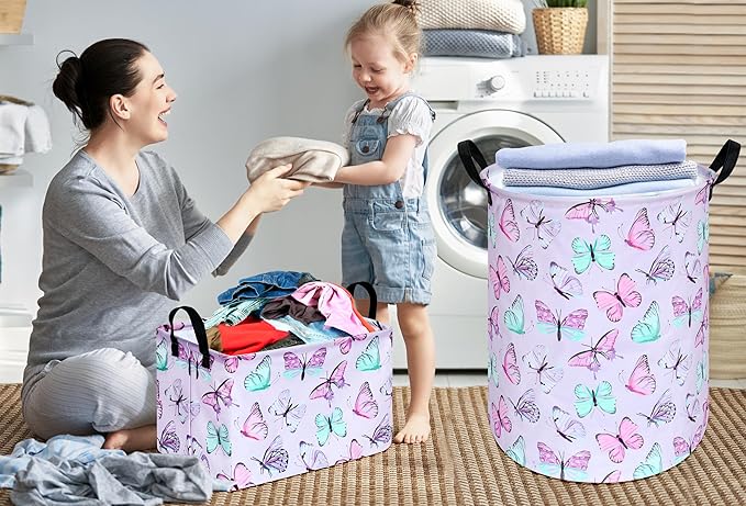 KUNRO Round Laundry Gift Basket Storage Hamper, Clothes Storage Organizer Bins, Shelf Basket with Handles for Room Decor (Purple Butterfly)