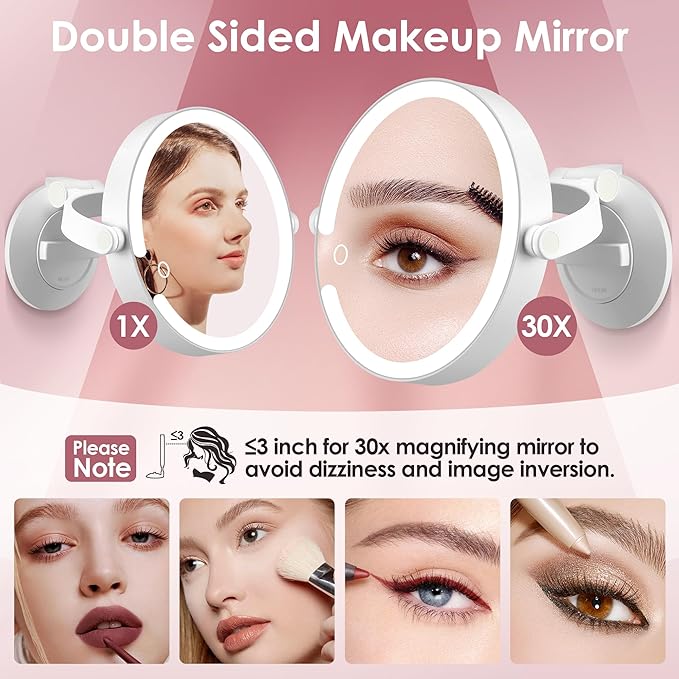 30X/1X Magnifying Mirror Suction Cup with Powerful Locking, Wall Mounted Makeup Mirror, Shaving Mirror for Bathroom, Detachable for Travel, 3 Color Modes and Adjustable Brightness (7 inch)