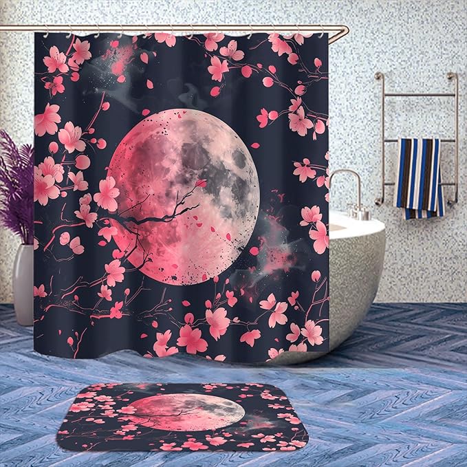 Cherry Blossoms Bathroom Shower Curtain Set with Rug, Toilet Lid Cover and Bath Mat, Pink Moon Japanese Anime Bathroom Shower Curtain with 12 Hooks Accessories Decorative
