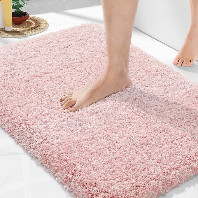 Yimobra Bath Rugs For Bathroom 32x20, Ultra Soft and Water Absorbent Bath Mats, Non Slip Plush Shower Mat Outside, Microfiber Thick Matts for Bathroom Floor/Tub, Machine Washable, Light Pink and White