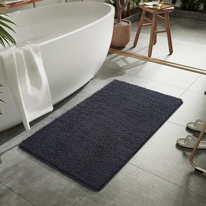 LOCHAS Luxury Bathroom Rug Shaggy Bath Mat 24 x 44 Inch, Washable Non Slip Bath Rugs for Bathroom Shower, Soft Plush Chenille Absorbent Carpets Mats, Dark Grey