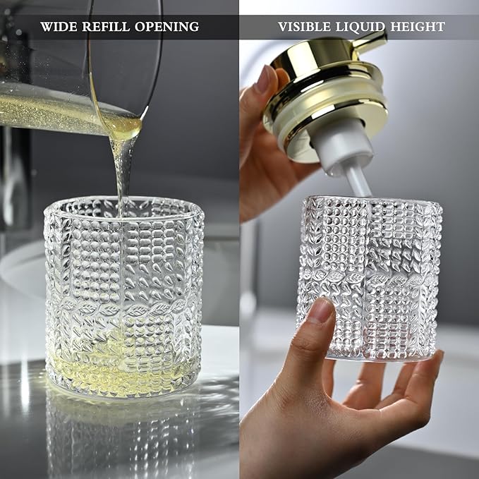 CICUFY Foaming Glass Soap Dispenser,Hand Foam Soap Dispenser for Kitchen & Bathroom-2 Pack（B-Type Clear Glass/Gold Pump）