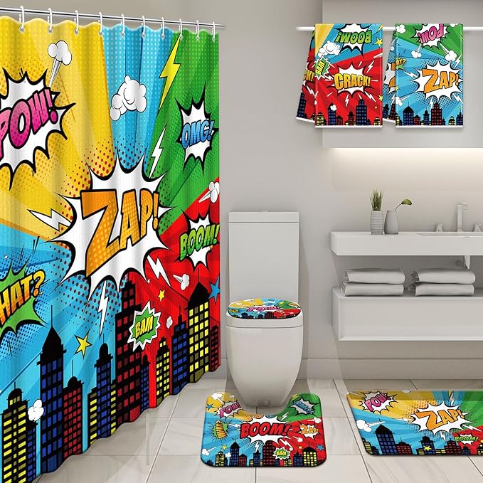 Nuanchu 6 Pcs Hero Themed Shower Curtain Set with Rug Bathroom Sets with Shower Curtain Bath Mat U Shaped Mat Toilet Lid Cover 2 Bath Towels and 12 Hooks Hero Themed Bathroom Decor