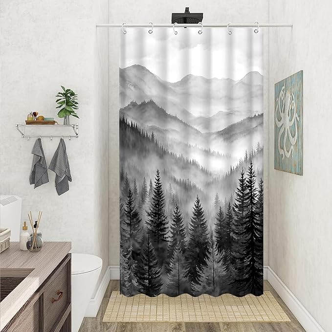Forest Mountain Shower Curtain Black and White Nature Misty Pine Tree Shower Curtains for Bathroom Dark Grey Foggy Rustic Woodland Decorative Waterproof Fabric Bath Curtain Decor 36×72 Inches