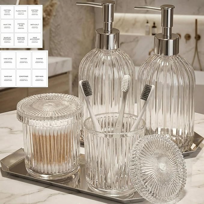 Yaomiao 7 Pack Clear Glass Bathroom Accessories Set, 2 Pcs Cotton Swabs Jar with Lids, 2 Pcs 18 oz Soap Dispenser with Pump and 2 Trays and Labels for Bathroom Kitchen Counter Organizer Vintage Gift