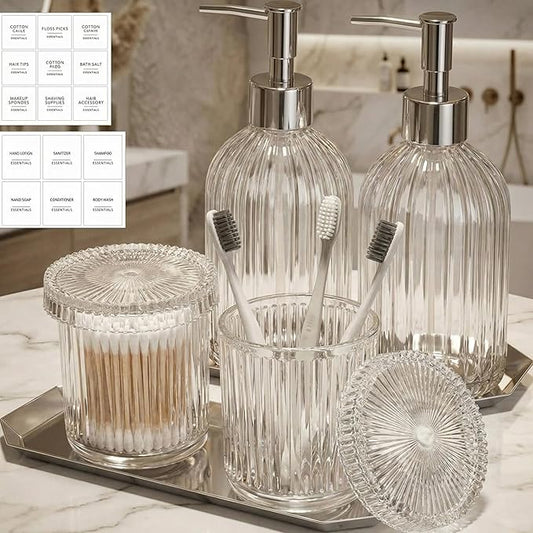 Yaomiao 7 Pack Clear Glass Bathroom Accessories Set, 2 Pcs Cotton Swabs Jar with Lids, 2 Pcs 18 oz Soap Dispenser with Pump and 2 Trays and Labels for Bathroom Kitchen Counter Organizer Vintage Gift