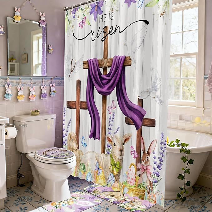 FuWeave 8 Pcs Easter He is Risen Shower Curtain Set for Bathroom Include Christian Lamb Cross Bunny Egg Shower Curtain Towels Non Slip Rugs Toilet Lid Cover Bath Mat and 12 Hooks for Bathroom Decor