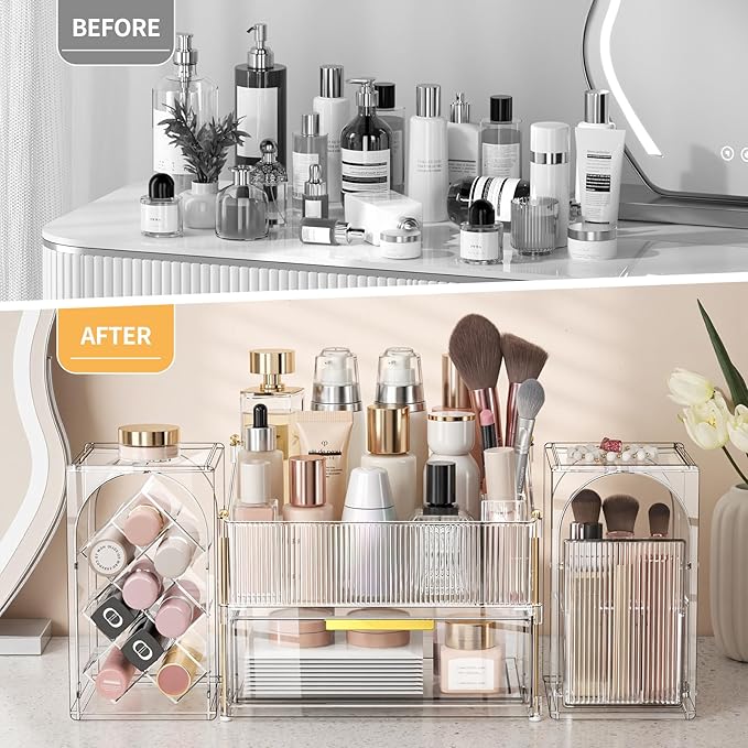 INVSSENE Stackable Makeup Organizer Countertop, Storage Perfume Skincare Cosmetic Lipstick Face Mask Makeup Brush Palettes, Ideal for Vanity Bathroom Counter