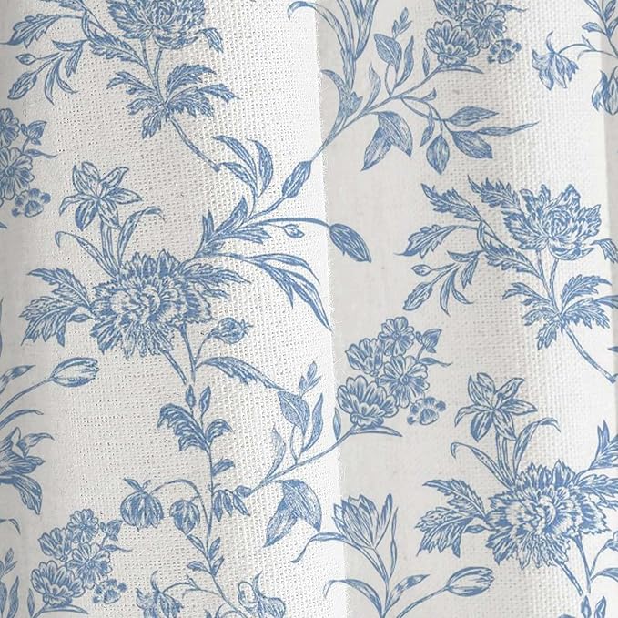 Long Shower Curtain Blue Floral Cotton Cottagecore Shower Curtain for Bathroom 72" W x 78" L