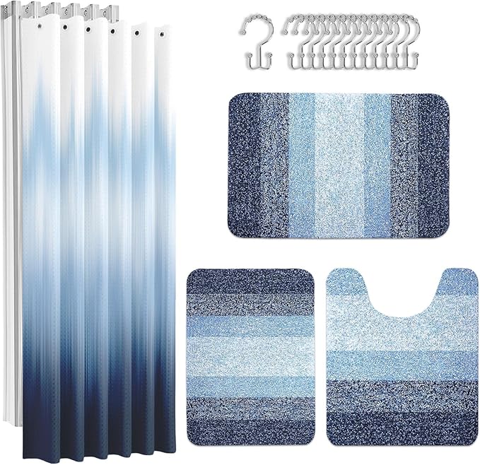 Britimes Navy Blue Stripes Bathroom Sets with Shower Curtain and Rugs, Ombre Modern Abstract Waterproof Shower Curtain Liner and Soft Non Slip Bath Mat for Bathroom Decor and Accessories Hooks