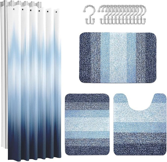 Britimes Navy Blue Stripes Bathroom Sets with Shower Curtain and Rugs, Ombre Modern Abstract Waterproof Shower Curtain Liner and Soft Non Slip Bath Mat for Bathroom Decor and Accessories Hooks