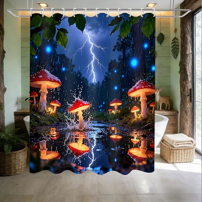 4 Piece Fantasy Red Mushroom Shower Curtain Set with Rugs, Enchanted Forest Rain & Lightning Art, Vibrant Blue Glow & Nature Bathroom Decor, Waterproof Fabric, Non-Slip Bath Mats & Toilet Lid Cover