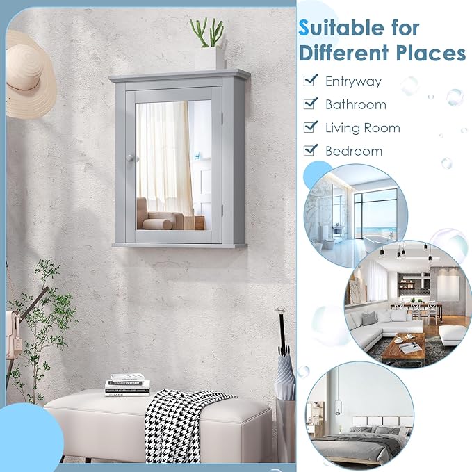 COSTWAY Bathroom Medicine Cabinet with Mirror, Wall-Mounted Storage Cabinet Organizer with 5-Position Adjustable Shelf, Hanging Bathroom Wall Cabinet for Living Room Bedroom Entryway (Grey)