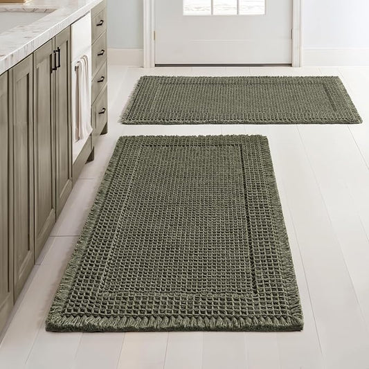 MIULEE Set of 2 Waffle Bathroom Rugs, Boho Bath Rug Super Absorbent, Non Slip Washable Ultra Soft Rubber Backed Shower Bath Mats for Floor, Tub, Shower, Bordered Design, Green, 18x30 Inch