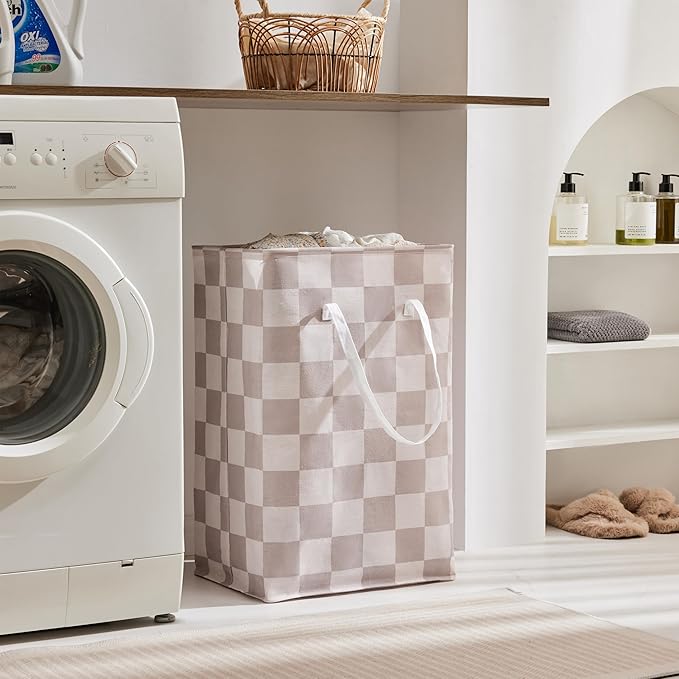 Ohocut Checkered Laundry Hamper, Pack of 2, Large Beige Khaki Collapsible Cloth Hampers Basket for Storage Organization Cute Aesthetic, 2 x 75L