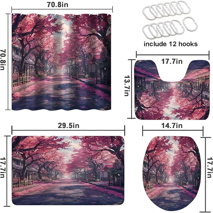 Cherry Blossoms Shower Curtain Set with Rugs,Toilet Lid Cover, Bath Mat, Japanese Anime Bathroom Shower Curtain with 12 Hooks Accessories Decorative