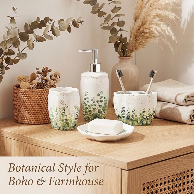 Newtay Sage Bathroom Accessories Set 4 Piece, Ceramic Soap Dispenser with Pump, Toothbrush Holder, Tumbler Cup & Soap Dish, Botanical Greenery Countertop Decor, White with Gold Speckles