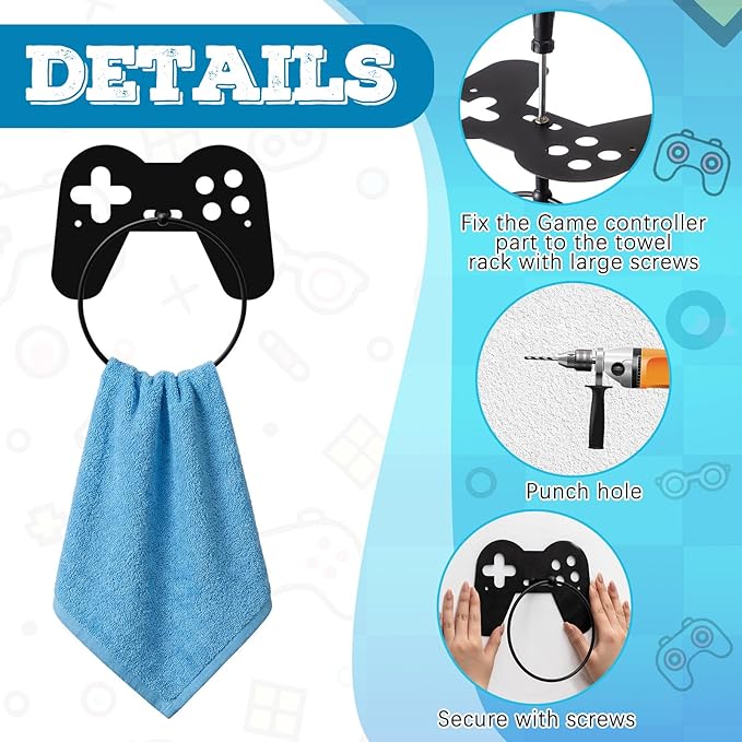 2pcs Gaming Metal Towel Rings Boys Room Towel Holder Oil Rubbed Bath Towels Ring Black Art Hand Towels Rack for Bathroom Kitchen Hanger Home Decors Gifts
