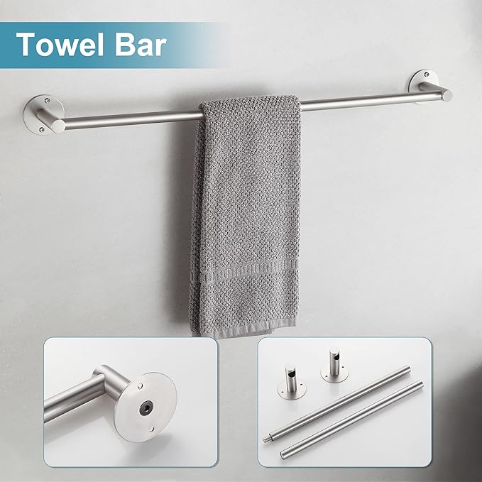 BVL Towel Racks for Bathroom 4 Pieces,Brushed Nickel Stainless Steel Bathroom Accessories Set Wall Mounted Included 24 Inches Towel bar,Towel Holder,Toilet Paper Holder,Robe Hook
