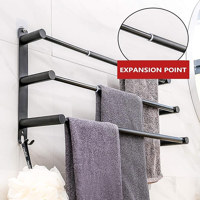 Towel Bars Freely Retractable 20-30 Inche Stainless Steel 304 Bath Towel Rack Strong 3M Adhesive Bathroom Wall-mounting Free mounting Hole-Installing washroom Kitchen Space Saving Black-3 Bars