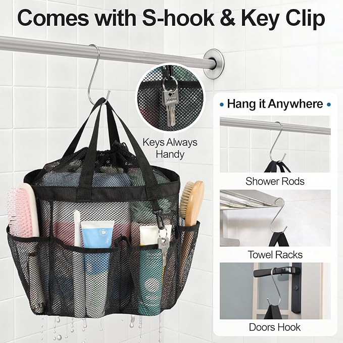 F-color Mesh Shower Caddy Portable with Drawstring - 8 Deeper Pockets 2 handles College Dorm Room Essentials for Girls Guys, Shower Caady Dorm Bag Tote for Camping Gym Travel Toiletry Bathroom, Black