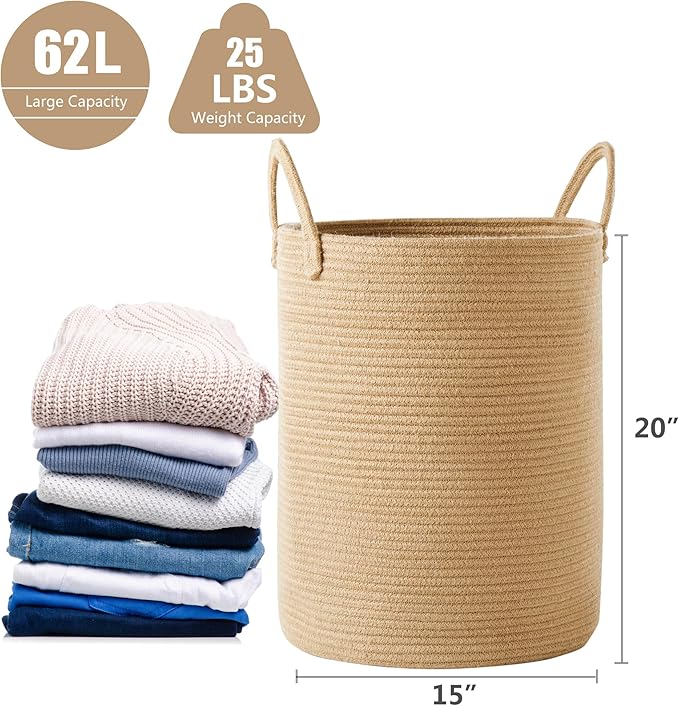 15Dx20H inches Jute Woven Hamper Laundry Basket Wicker Rope Clothes Hamper for Baby Nursery Kids Tall Rattan Blanket Basket in Living Room Bedroom 62L Large Capacity