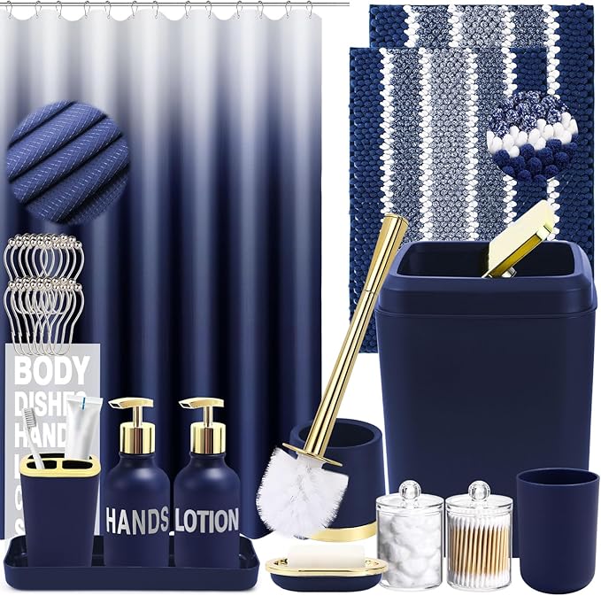 XLHOMO 25PCS Navy Blue Bathroom Accessories Sets Complete, with Shower Curtain, Rugs, Trash Can and Toilet Brush, Soap Dispenser, Toothbrush Holder and Cup, Soap Dish, Qtip Holder, Bathroom Decor Sets